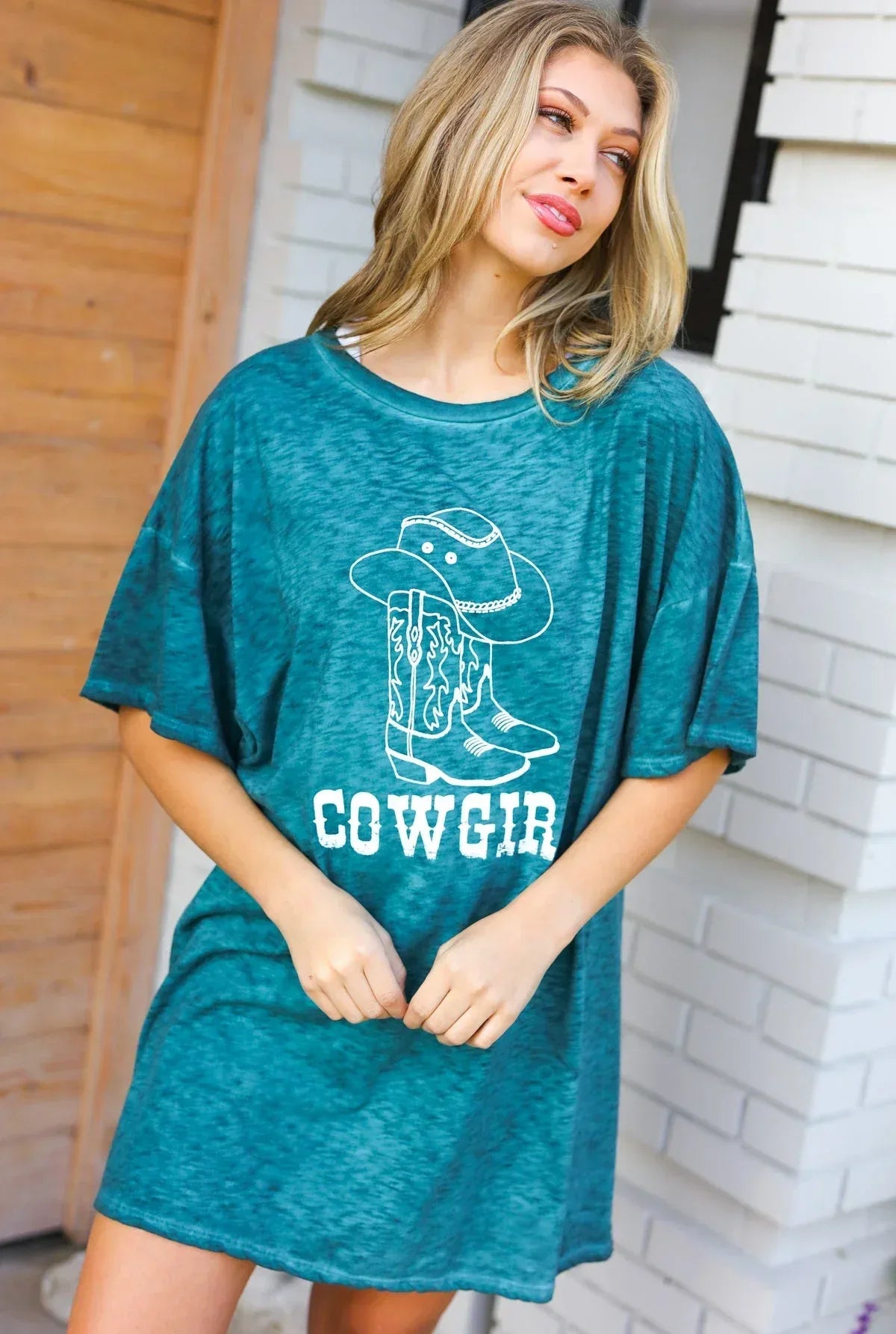 Emerald Cotton Blend COWGIRL Graphic Long Tee - DAVERRI FASHIONS