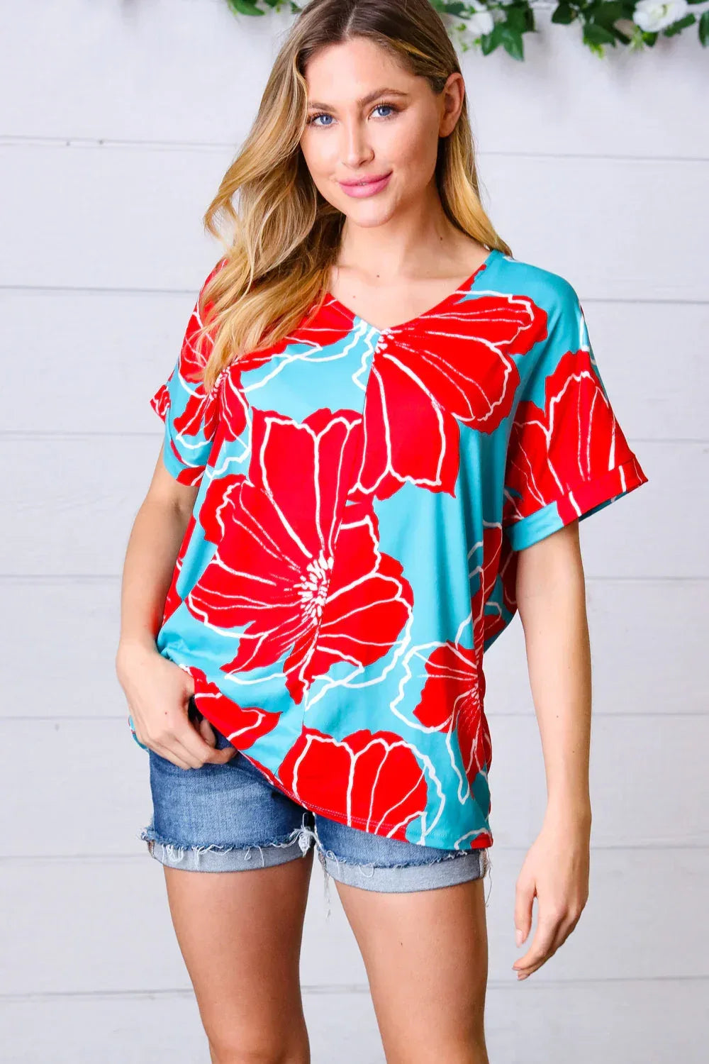 Teal & Cherry Red Floral Print V Neck Top - DAVERRI FASHIONS
