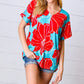 Teal & Cherry Red Floral Print V Neck Top - DAVERRI FASHIONS