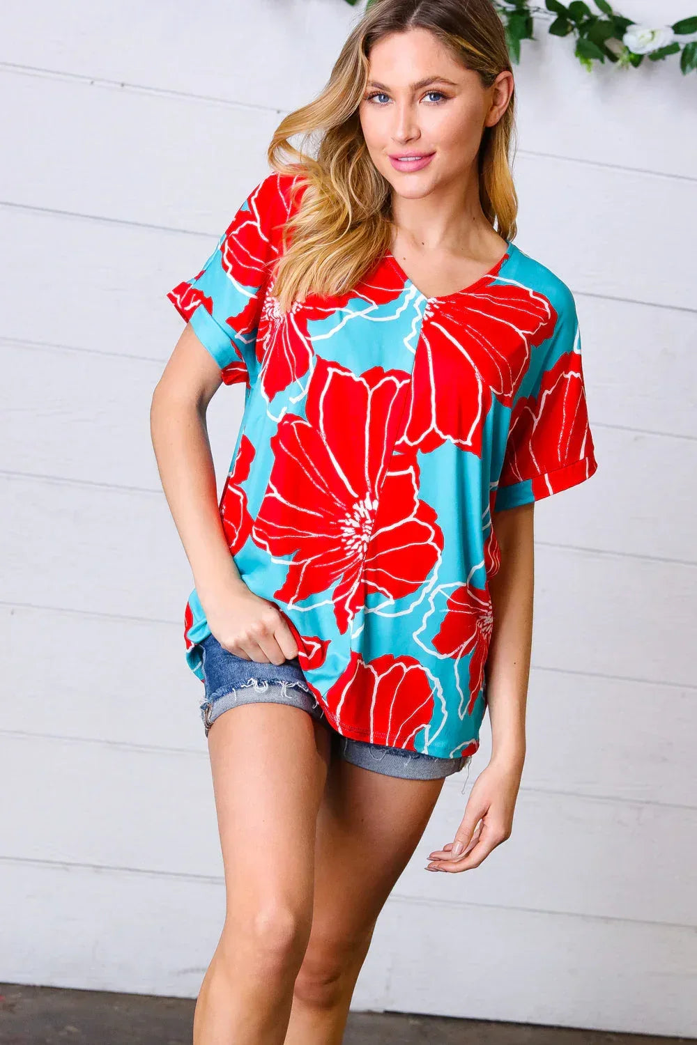 Teal & Cherry Red Floral Print V Neck Top - DAVERRI FASHIONS