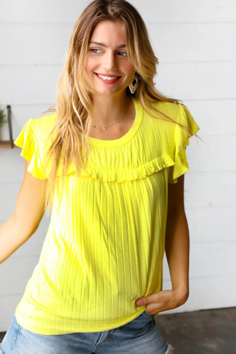 Yellow Wide Rib Frilled Short Sleeve Yoke Top | Daverri Fashions