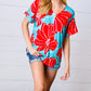 Teal & Cherry Red Floral Print V Neck Top - DAVERRI FASHIONS