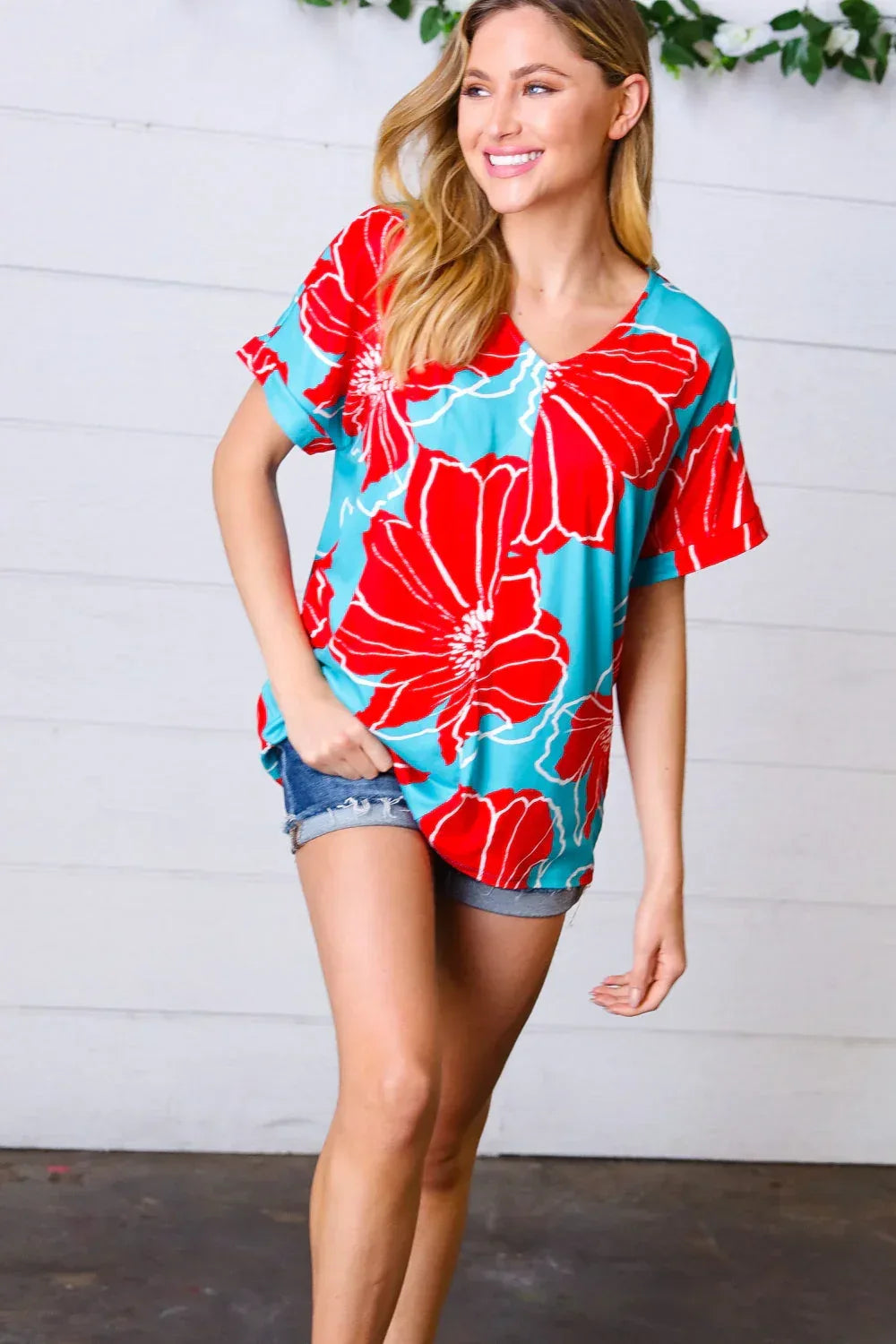 Teal & Cherry Red Floral Print V Neck Top - DAVERRI FASHIONS