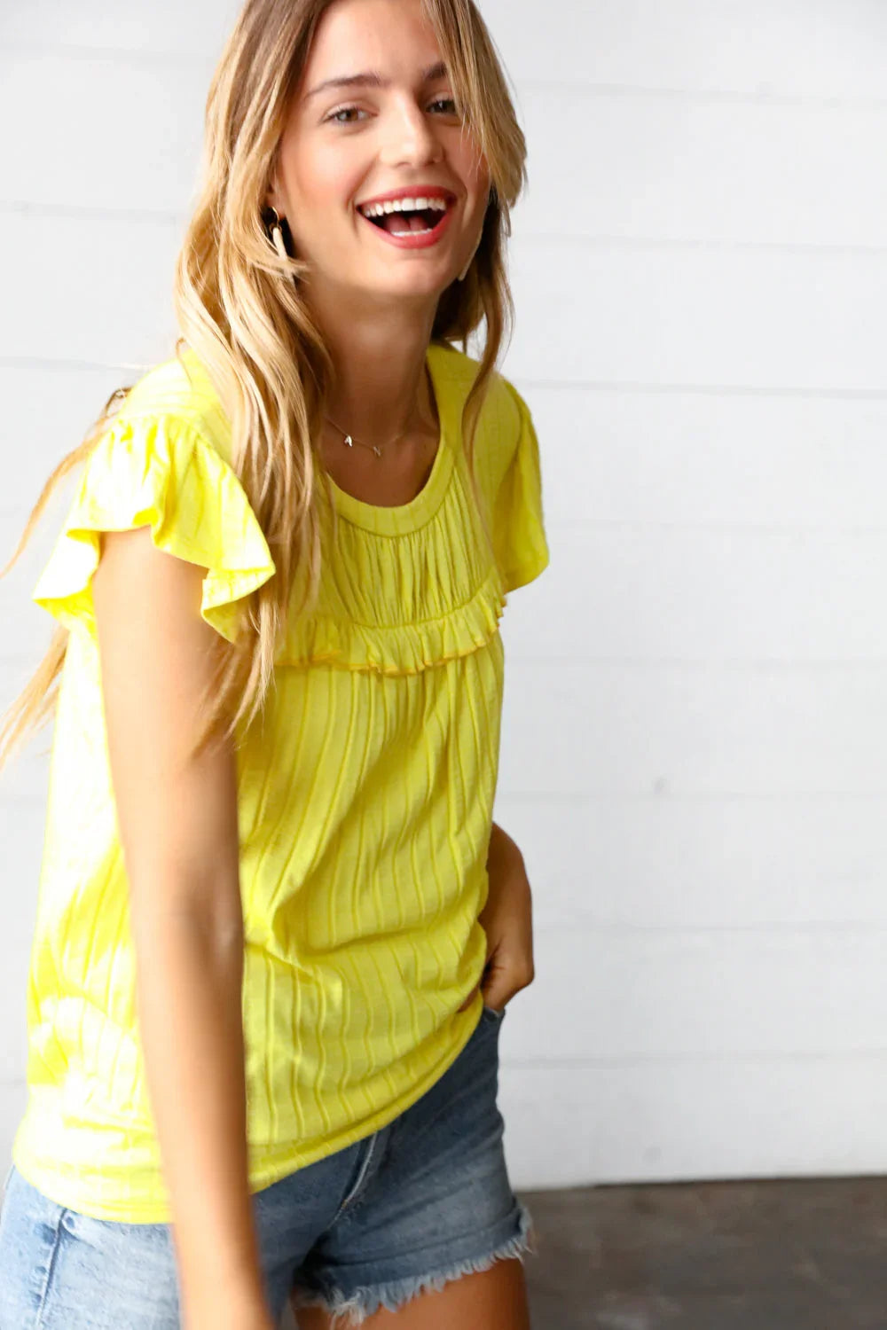 Yellow Wide Rib Frilled Short Sleeve Yoke Top | Daverri Fashions