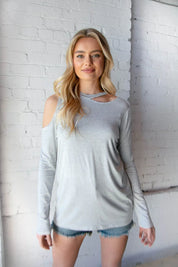 Grey Stripe Cold Shoulder Cut Out Knit Top | Daverri Fashions