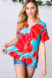Teal & Cherry Red Floral Print V Neck Top | Daverri Fashions