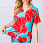 Teal & Cherry Red Floral Print V Neck Top - DAVERRI FASHIONS