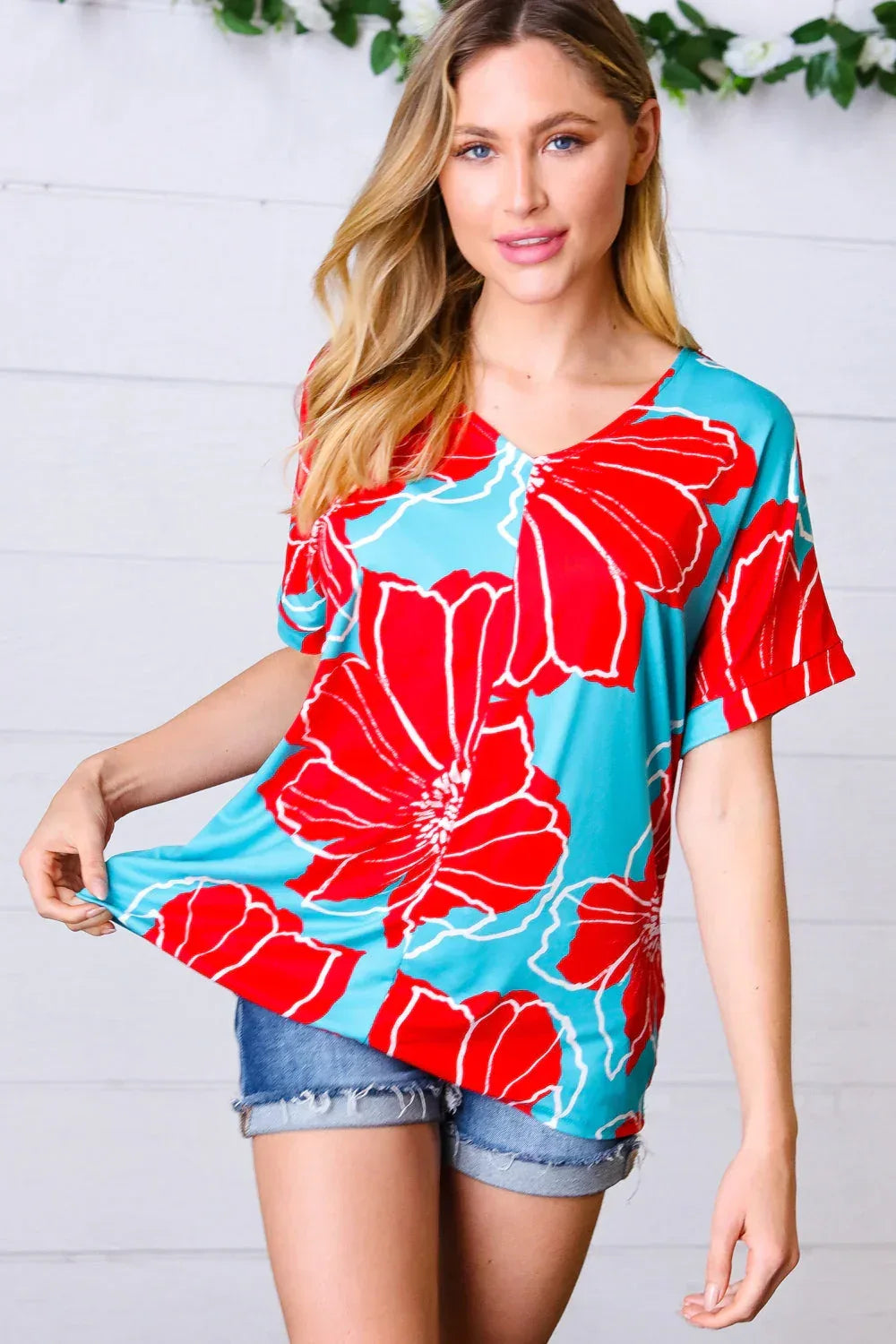 Teal & Cherry Red Floral Print V Neck Top - DAVERRI FASHIONS