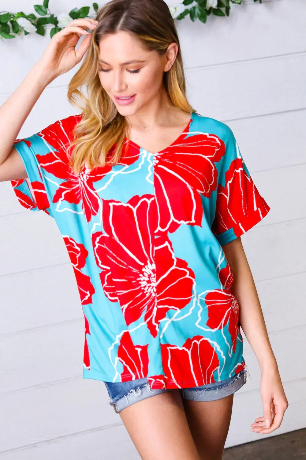 Teal & Cherry Red Floral Print V Neck Top - DAVERRI FASHIONS