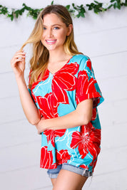 Teal & Cherry Red Floral Print V Neck Top | Daverri Fashions