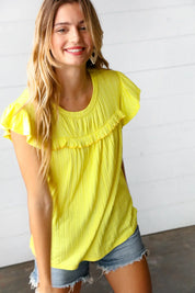 Yellow Wide Rib Frilled Short Sleeve Yoke Top | Daverri Fashions