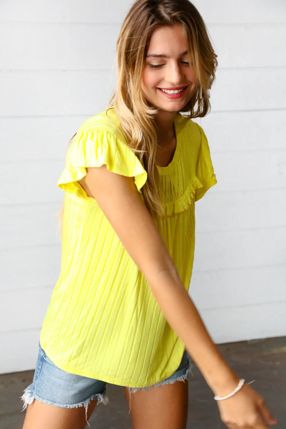 Yellow Wide Rib Frilled Short Sleeve Yoke Top | Daverri Fashions