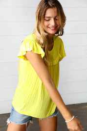 Yellow Wide Rib Frilled Short Sleeve Yoke Top | Daverri Fashions