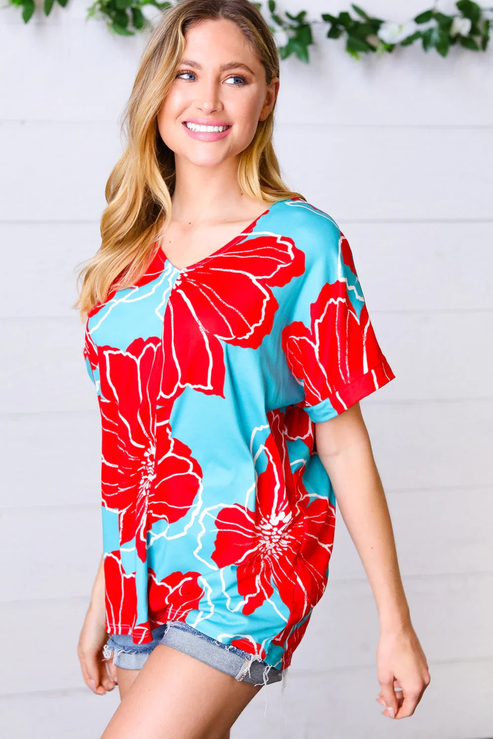 Teal & Cherry Red Floral Print V Neck Top | Daverri Fashions