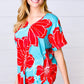 Teal & Cherry Red Floral Print V Neck Top - DAVERRI FASHIONS