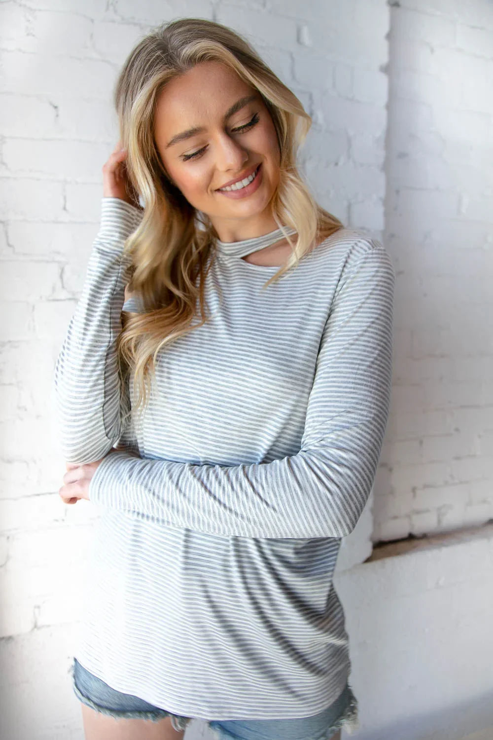 Grey Stripe Cold Shoulder Cut Out Knit Top | Daverri Fashions