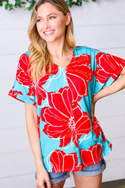 Teal & Cherry Red Floral Print V Neck Top | Daverri Fashions