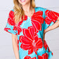 Teal & Cherry Red Floral Print V Neck Top - DAVERRI FASHIONS