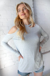 Grey Stripe Cold Shoulder Cut Out Knit Top | Daverri Fashions