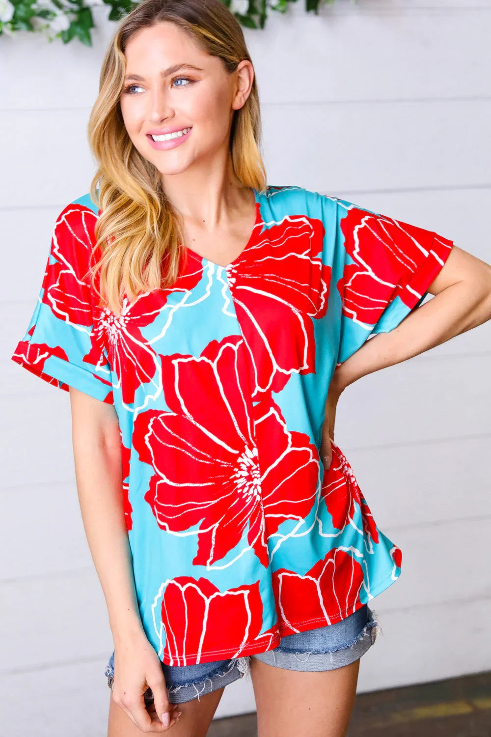 Teal & Cherry Red Floral Print V Neck Top | Daverri Fashions