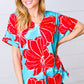 Teal & Cherry Red Floral Print V Neck Top - DAVERRI FASHIONS