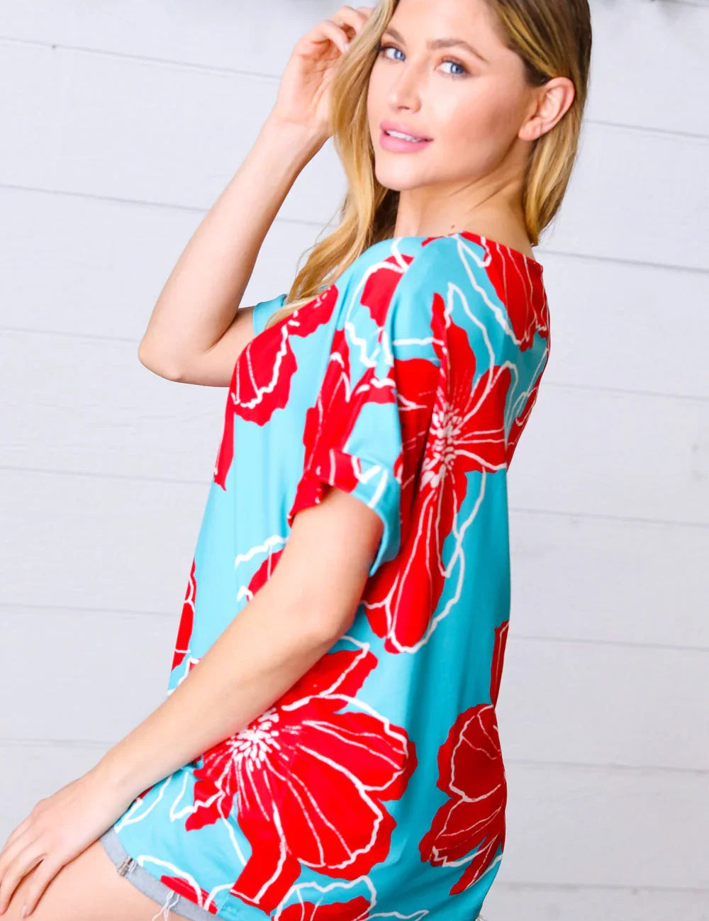 Teal & Cherry Red Floral Print V Neck Top | Daverri Fashions