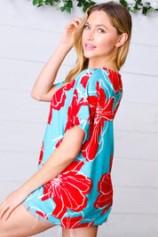 Teal & Cherry Red Floral Print V Neck Top | Daverri Fashions