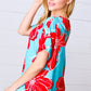 Teal & Cherry Red Floral Print V Neck Top - DAVERRI FASHIONS
