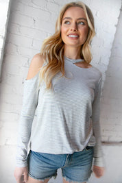 Grey Stripe Cold Shoulder Cut Out Knit Top | Daverri Fashions