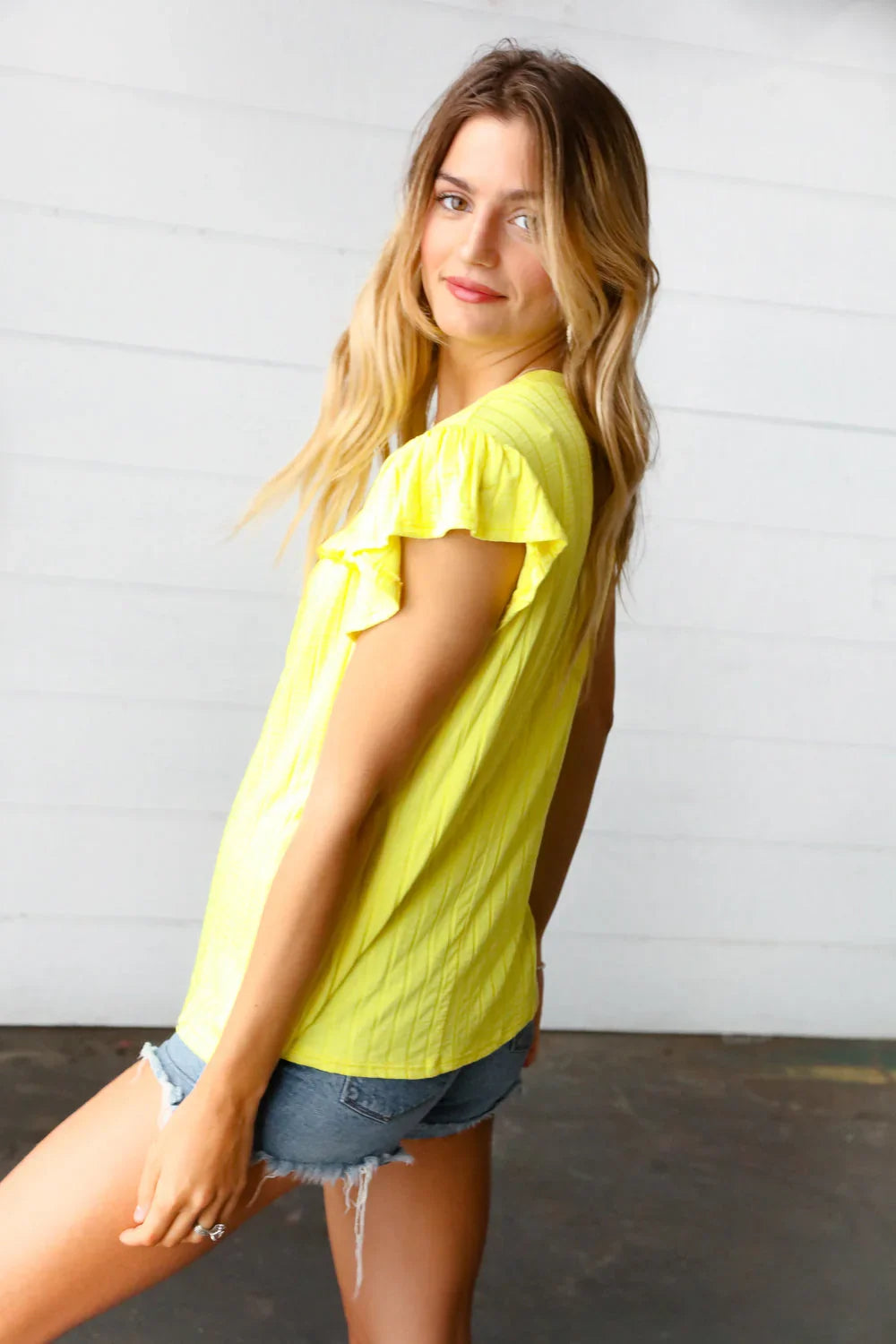Yellow Wide Rib Frilled Short Sleeve Yoke Top | Daverri Fashions
