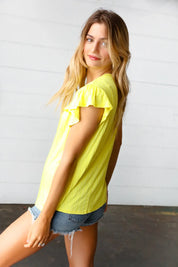 Yellow Wide Rib Frilled Short Sleeve Yoke Top | Daverri Fashions