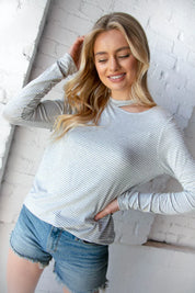 Grey Stripe Cold Shoulder Cut Out Knit Top | Daverri Fashions