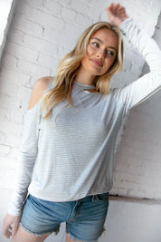 Grey Stripe Cold Shoulder Cut Out Knit Top | Daverri Fashions