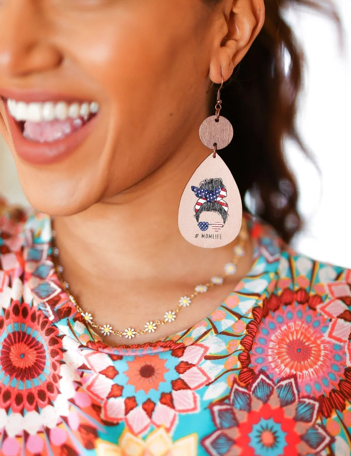 USA Flag "#MOMLIFE" Wooden Dangle Earrings | 2024 Summer Blow Out Sale Daverri Fashions