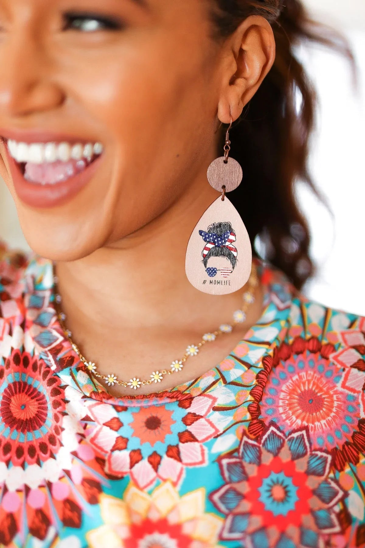 USA Flag "#MOMLIFE" Wooden Dangle Earrings | 2024 Summer Blow Out Sale Daverri Fashions