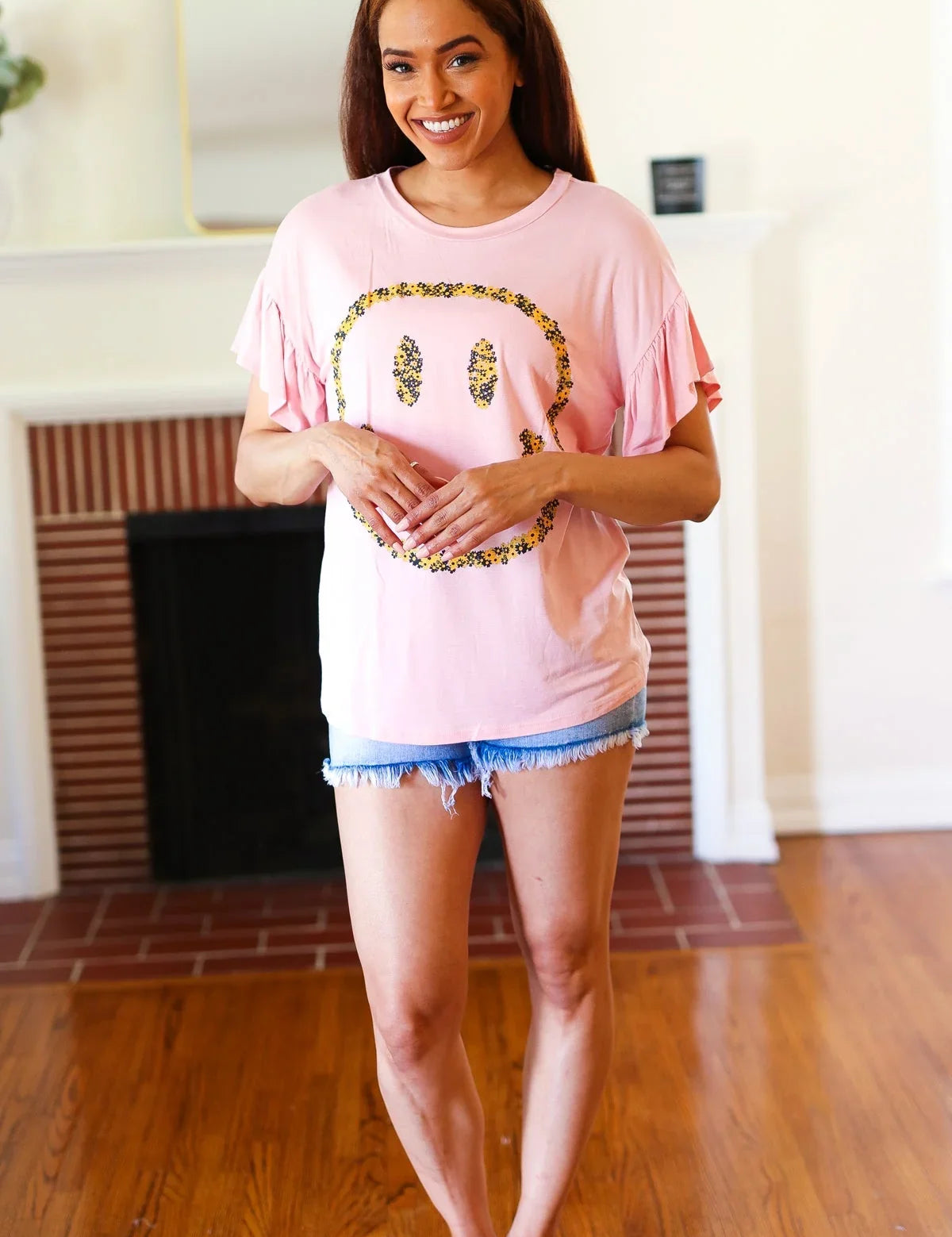 Live For Today Pink Floral Smiley Face Flutter Sleeve Tee | Daverri Fashions