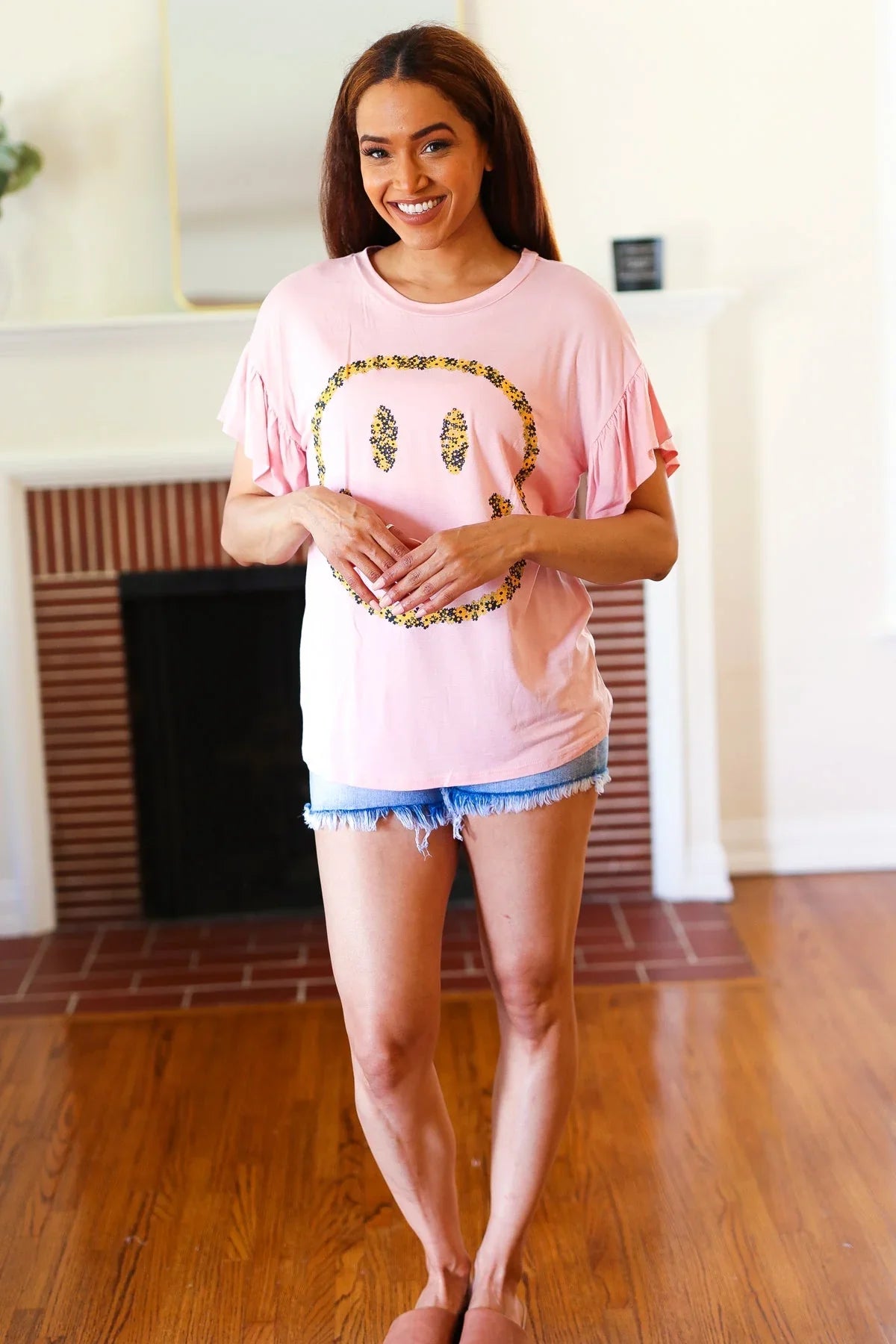 Live For Today Pink Floral Smiley Face Flutter Sleeve Tee | Daverri Fashions