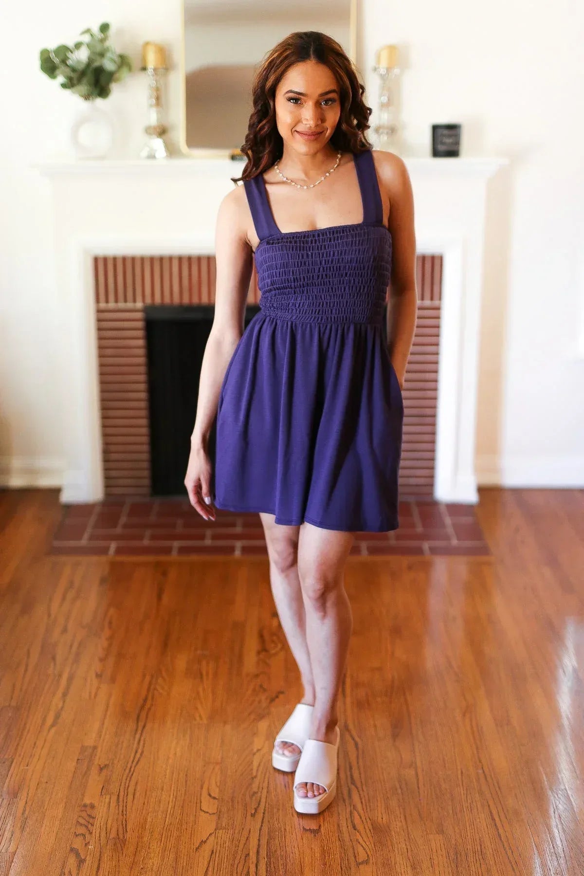 Indigo Terry Smocked Tank Top Baggy Shorts Romper - DAVERRI FASHIONS