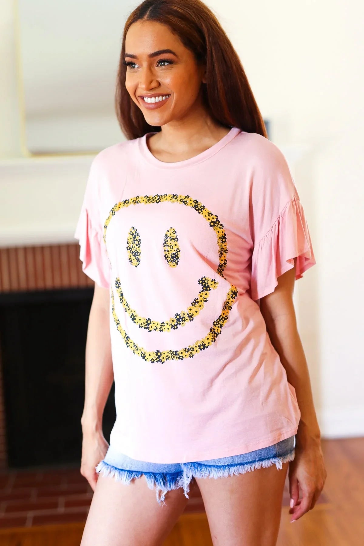 Live For Today Pink Floral Smiley Face Flutter Sleeve Tee | Daverri Fashions