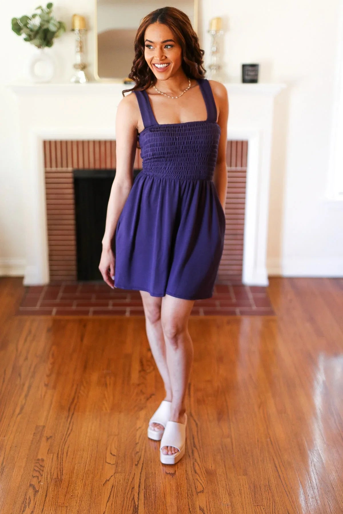 Indigo Terry Smocked Tank Top Baggy Shorts Romper | Daverri Fashions