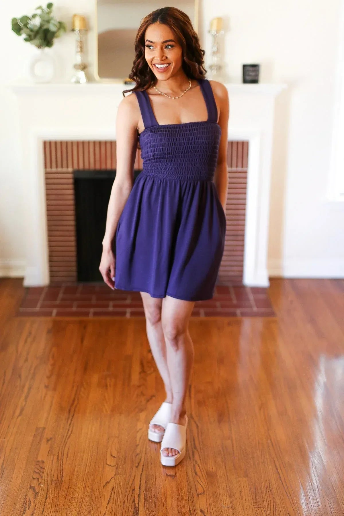 Indigo Terry Smocked Tank Top Baggy Shorts Romper - DAVERRI FASHIONS