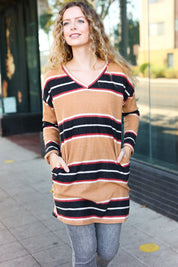 Casual Chic Taupe Hacci Stripe Pocketed Tunic/Dress | Daverri Fashions