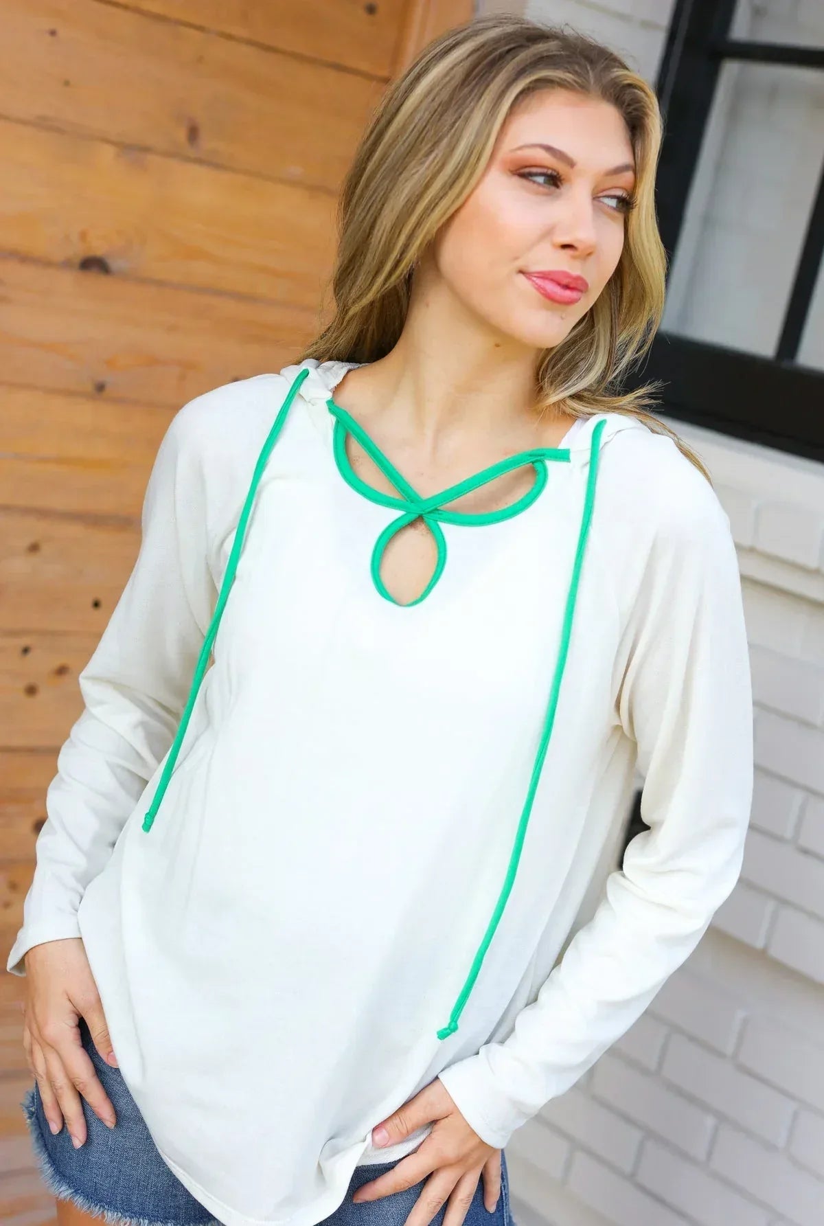 Haptics Kelly Green Clover Cut Out Terry Hoodie - DAVERRI FASHIONS