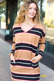 Casual Chic Taupe Hacci Stripe Pocketed Tunic/Dress | Daverri Fashions