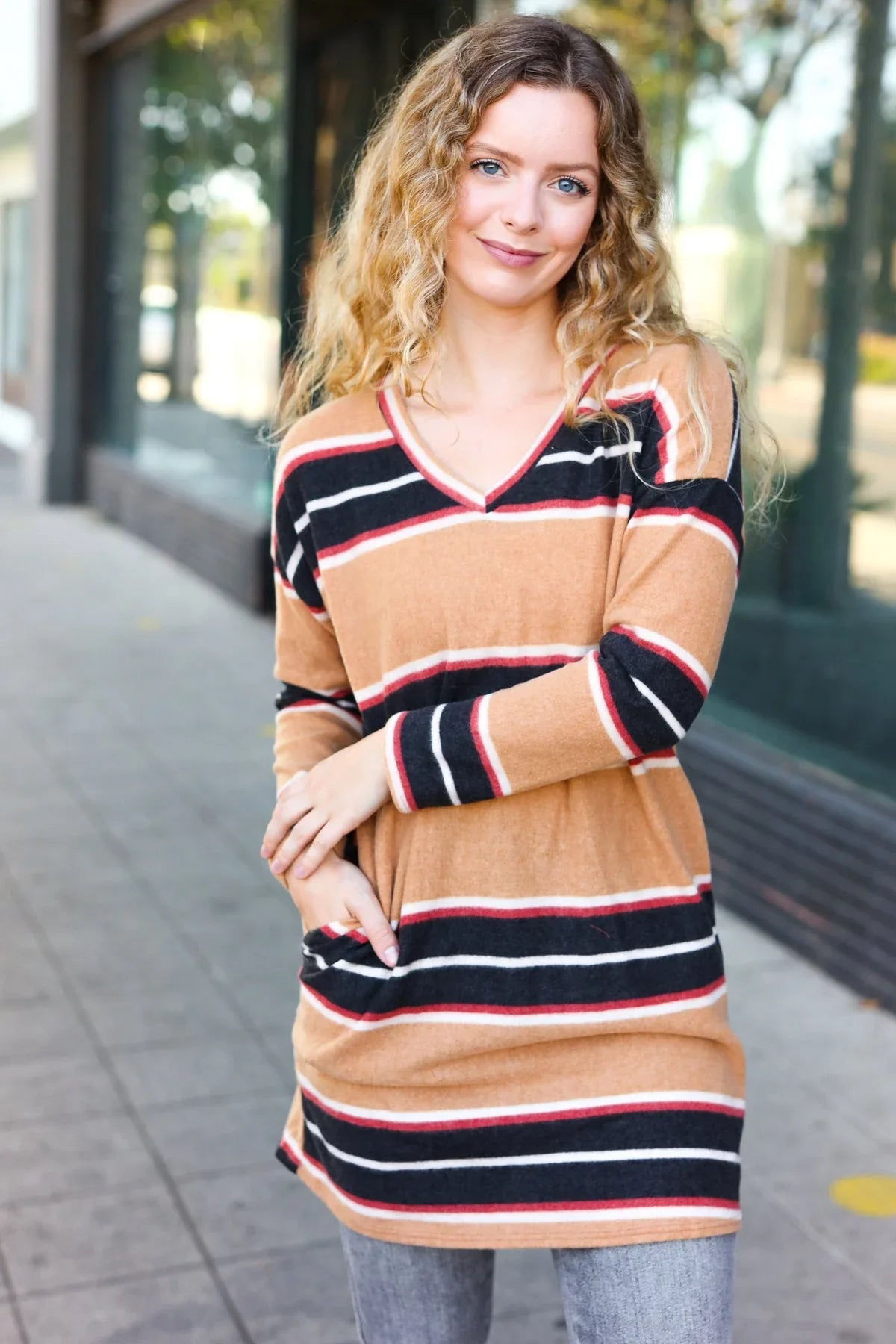 Casual Chic Taupe Hacci Stripe Pocketed Tunic/Dress | Daverri Fashions