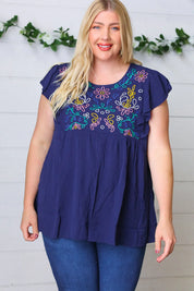 Navy Floral Embroidered Flutter Sleeve Top | Daverri Fashions