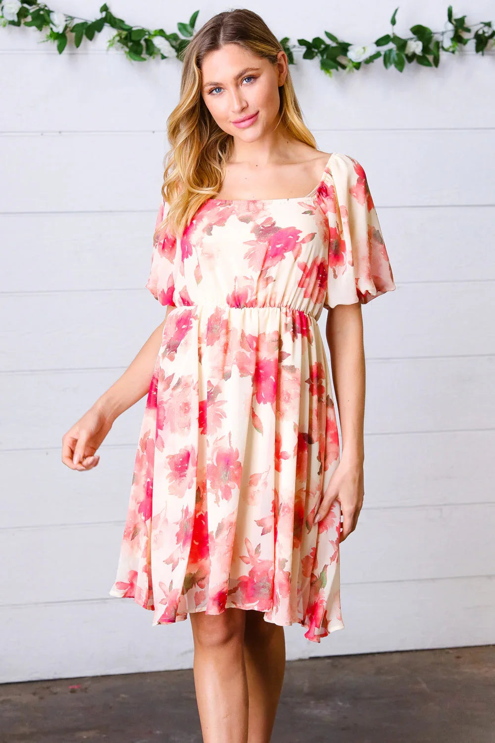 Peach Floral Chiffon Puff Sleeve Dress | Daverri Fashions