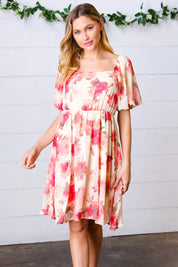 Peach Floral Chiffon Puff Sleeve Dress | Daverri Fashions