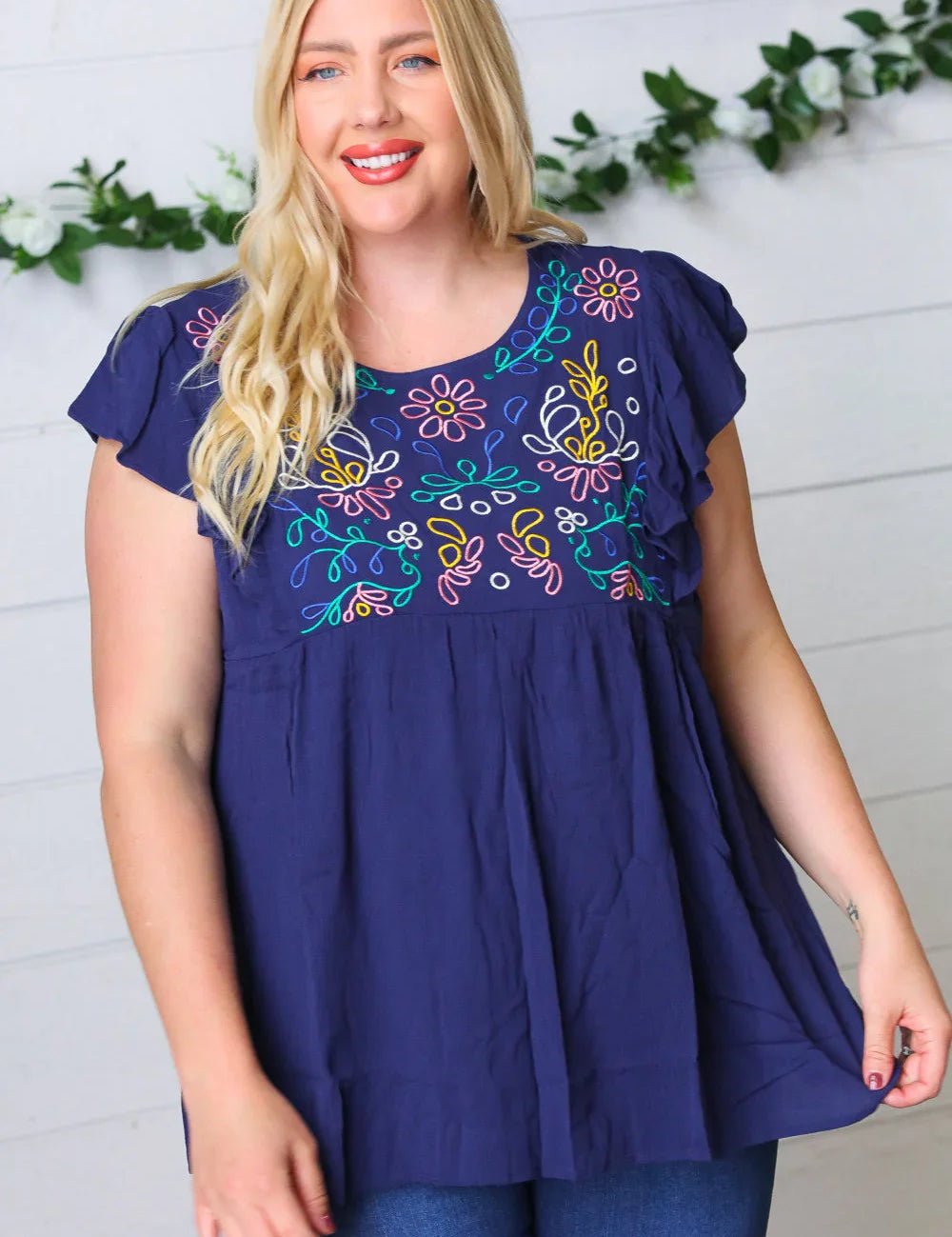 Navy Floral Embroidered Flutter Sleeve Top | Daverri Fashions