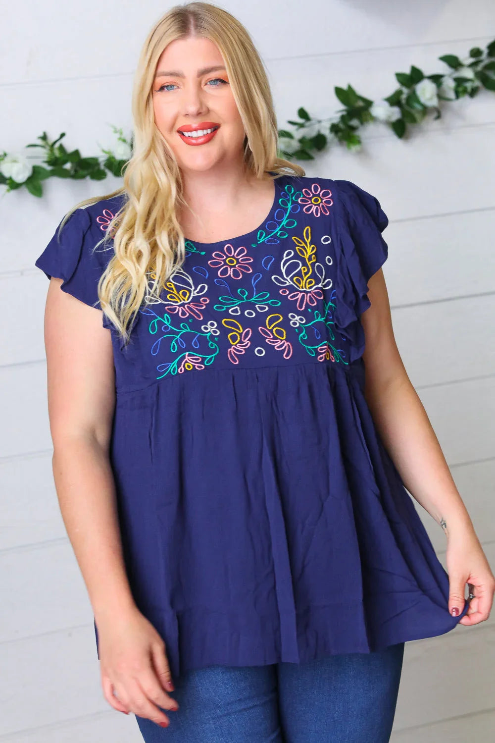 Navy Floral Embroidered Flutter Sleeve Top | Daverri Fashions